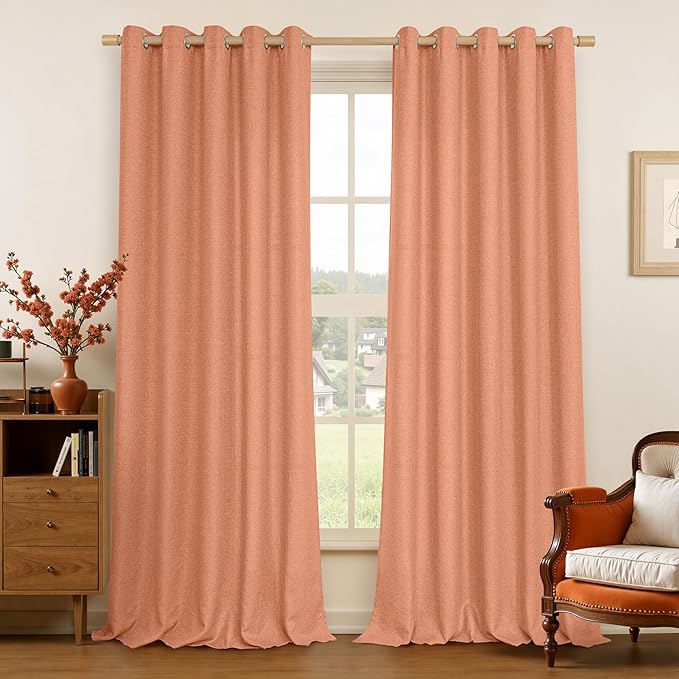 LAMIT Terracotta Linen Curtains for Bedroom, Grommet Thermal Insulated Soft Curtains Boho Light Filtering Panels for Living Room/Outdoor/French Door, 2 Panels, W60 x L84
