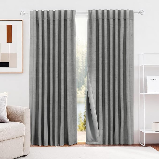 HESTIA 100% Blackout Linen Curtains 72 Inch Long 2 Panels Set Soundproof Room Darkening Curtain for Bedroom Living Room Office Thermal Insulated Privacy Protection Drapes, Grey, 52" W x 72" L