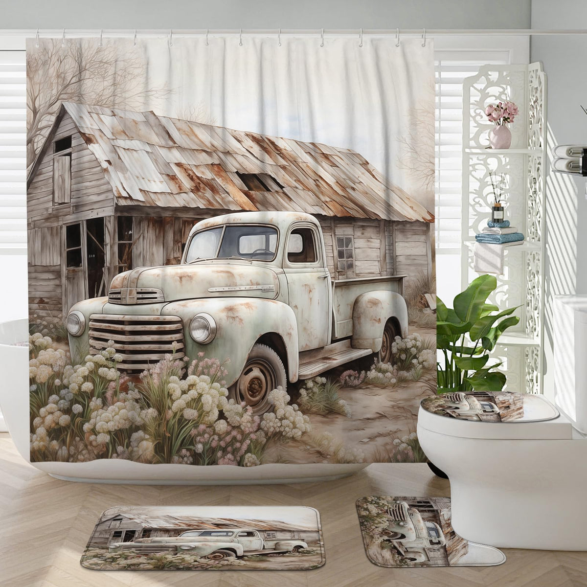 Witzest 4Pcs Rustic Country Truck Shower Curtain Sets with Non-Slip Rug, U Shape and Toilet Lid Cover Mat, Farmhouse Home Bathroom Decor Set Accessories with 12 Hooks, 72 x 72 Inch