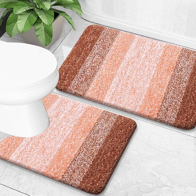 OLANLY Bathroom Rug Set 2 Piece, Soft Absorbent Microfiber Bath Mats and U-Shaped Contour Toilet Rug, Non-Slip, Machine Wash Dry, Plush Shaggy Bath Mats for Bathroom (24"x16"+24"x20", Orange)