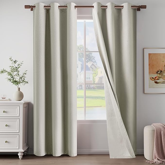 Light Weight Curtains 100% Blackout Linen Textured Curtains 96 Inch Length for Living Room, Bedroom, Full Blackout Curtains with Grommets Top, Natural Linen, 37" W x 96" L, 2 Panels