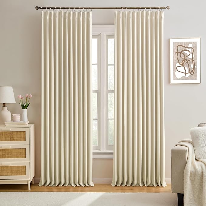 KEQIAOSUOCAI Cream Beige Fancy Track Curtains 90 Inches Long, 72 Inch Wide Blackout Double Window Treatment Sound Dampening Drapes for Bedroom/Living Room(Pinch Pleated,2 Panels, W72 x L90)