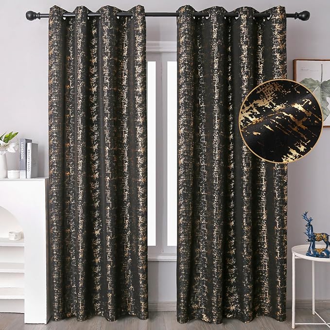 Taisier Home Gold Foil Print Linen Textured Curtains Geometric Dots Pattern Design Curtains for Bedroom Living Room Thermal Insulated Window Treatment 2 Panels 84" L,Black and Gold Print