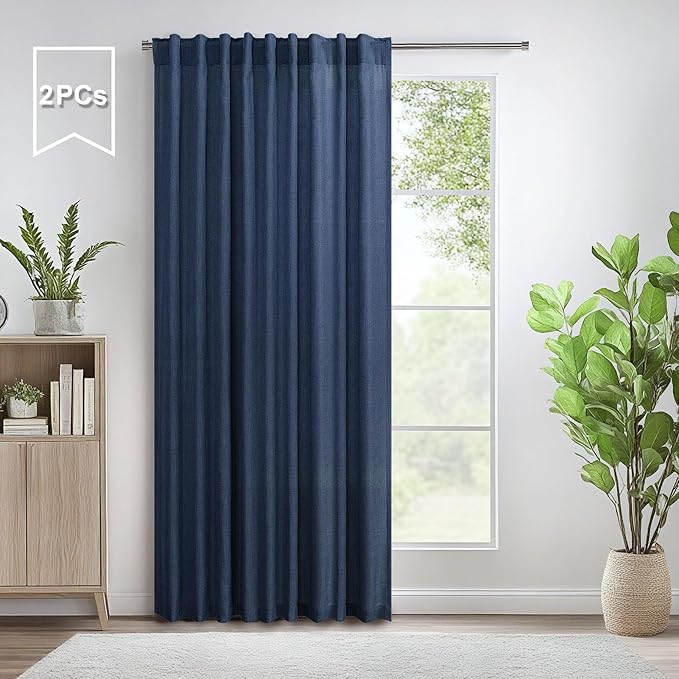 Pitalk 60 Inch Wide Curtains for Living Room 2 Panel Back Tab Pocket Drape Semi Sheer Linen Extra Large Navy Blue Curtain for Home Office Hotel Flat Family Sunroom Width 5 x 9 FT Long 60x108 Dark Blue
