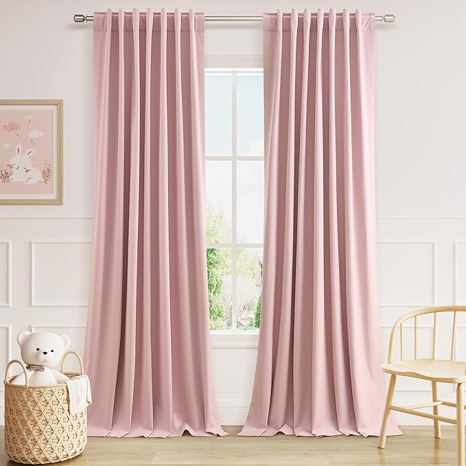 Guken 100% Blackout Linen Curtains 108 Inch 2 Panels Set for Girl's Bedroom, Living Room, Nursery, Back Tab Thermal Insulated Black Out Drapes Room Darkening, Pink