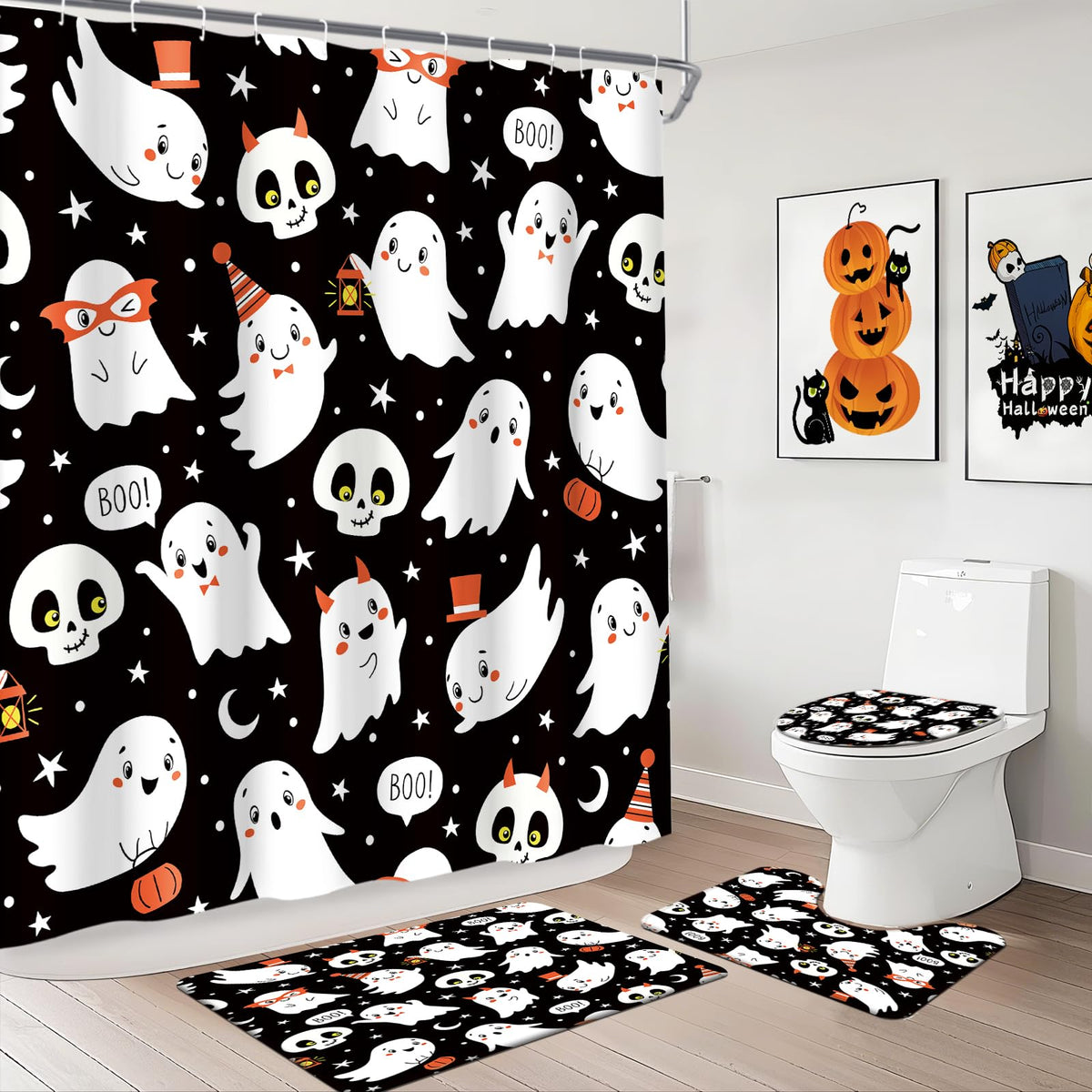 MEHOFOND Halloween Shower Curtain Sets 4 Pcs Cute Ghost Boo Bath Set