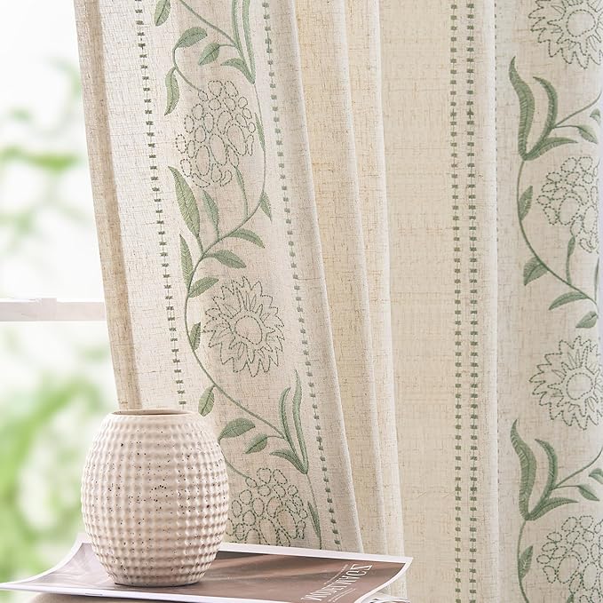jinchan Winslow Linen Curtains for Bedroom 90 Inches Length Embroidered Bordered Floral Curtains for Living Room Farmhouse Decor Light Filtering Window Treatments Sage on Beige Drapes 2 Panels