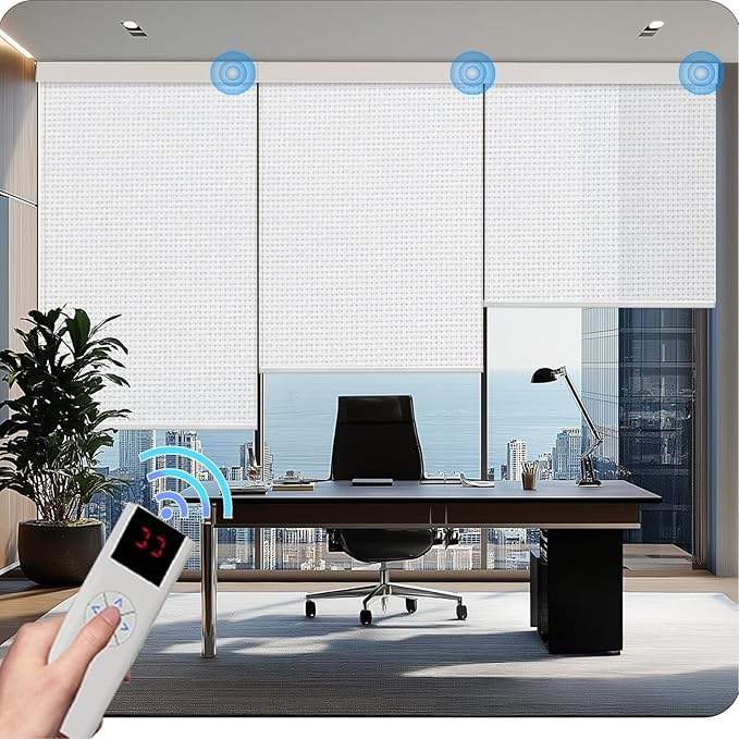 Motorized Blinds with Remote Cordless Automatic Motorized Shades Custom Blinds for Windows Smart Curtains Compatible with Alexa Google Home(3% Solar White,W49 x H72in)