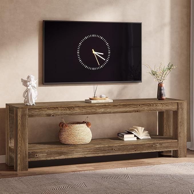 70.9-Inch Solid Wood TV Stand, Farmhouse TV Console for 65/70/80/85-Inch TVs, Entertainment Center with Storage Shelves for Living Room, Bedroom, Rustic Brown