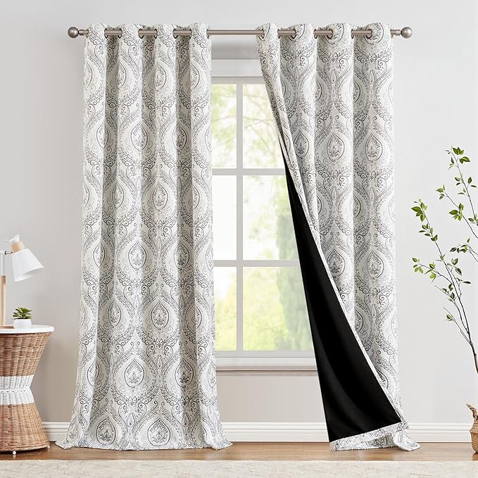 jinchan Blackout Curtains 96 Inches Long Grey Damask Medallion Window Curtains for Bedroom Grommet Thermal Insulated Drapes for Living Room Vintage Luxury Window Treatments Set 2 Panels