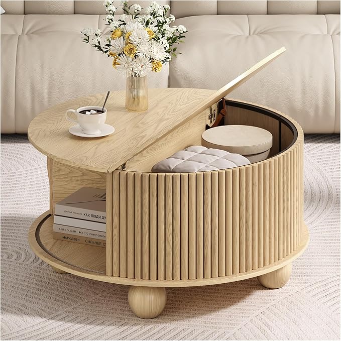 Round Coffee Table with Storage, 31.5" Circle Coffee Table with Sliding Door & Bun Feet, Fluted Center Table for Living Room, Home Small Space, Oak