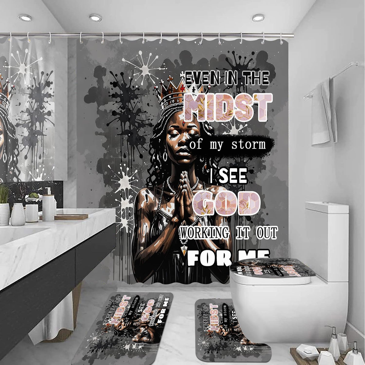 Omebero 4 PCS Black Queen Shower Curtain Set with Shower Curtain and Rug Toilet Lid Cover Bath Mat, Inspirational Quote Afrcia American Black Woman Fathers Day Bathroom Decor Set