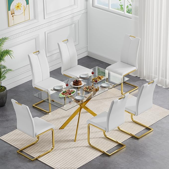 7 Piece Glass Dining Table Set, Glass Kitchen Dining Room Table Set for 6, 61" Modern Rectangular Gold Glass Metal Dining Table with 6 White PU Leather Dining Chairs for Kitchen Dining Room