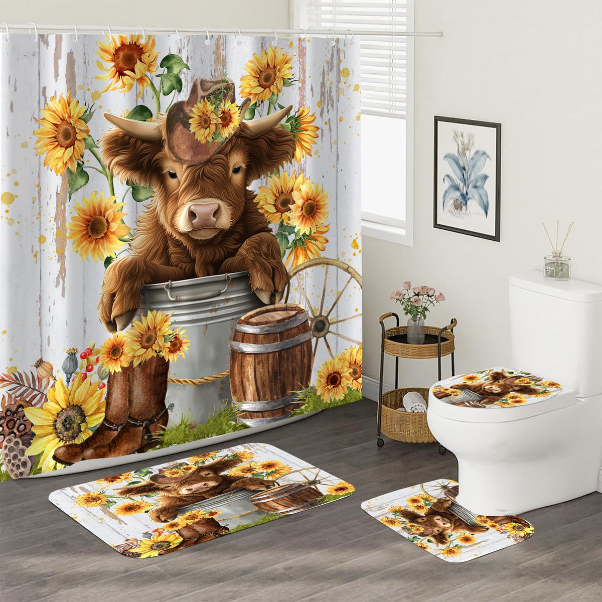 Sokdcam Highland Cow Sunflower Shower Curtain Set 4PCS, Farmhouse Cow Western Waterproof Bathroom Accessories with Non-Slip Rugs, Toilet Lid Cover Bath Mat and 12 Hooks, Home Decor 72" x 72"