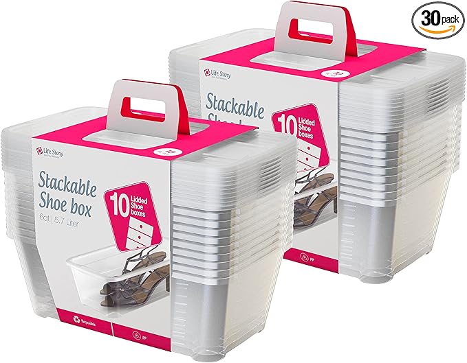 Life Story 6 Liter Shoe, Accessory, and Closet Plastic Storage Box Multi-Purpose Lidded Stacking Tote Containers, Clear (30 Pack)