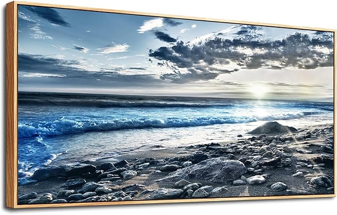 Wood Framed Wall Art For Living Room Large Size Wall Decor For Office Modern Bedroom Wall Decor Blue Beach Sun Ocean Landscape Wall Paintings Seascape Framed Pictures Artwork Home Decor 30" X 60"