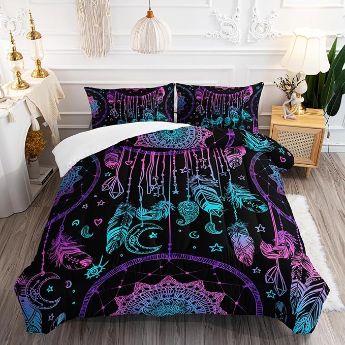 AILONEN Dreamcatcher Comforter Set Queen Size, Purple Feather Print Duvet Set,Bohemian Mandala Bedding Set for Boys Girls,Galaxy Dream Catcher Duvet Set 3 Pieces, 1 Quilt and 2 Pillowcases
