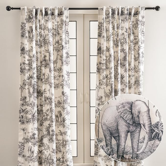 Maison d' Hermine Curtains for Living Room 100% Cotton 84 inch Length Two Panels Light Filtering Toile Curtains for Bedroom Windows with Rod and Loop Pockets Drapes (Savana Jouy Black, 50" W x 84" L)