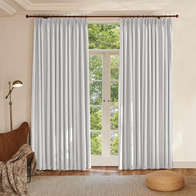 Textured Linen Double Pleated 100% Blackout Curtains for Bedroom/Living Room Blackout Curtains 96 Inches Long, Energy Saving Window Treatment Curtains,84Wx96Lx2,White Beige