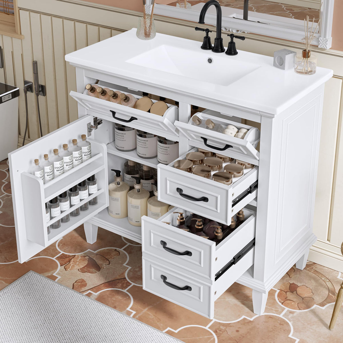 36 Inch White Bathroom Vanity with Ceramic Sink Top, Freestanding Bathroom Storage Cabinet with Flip Drawers&Door Organizer, 36 Vanity Sink with Adjustable Shelf&Zinc Alloy Handles, Solid Wood Frame