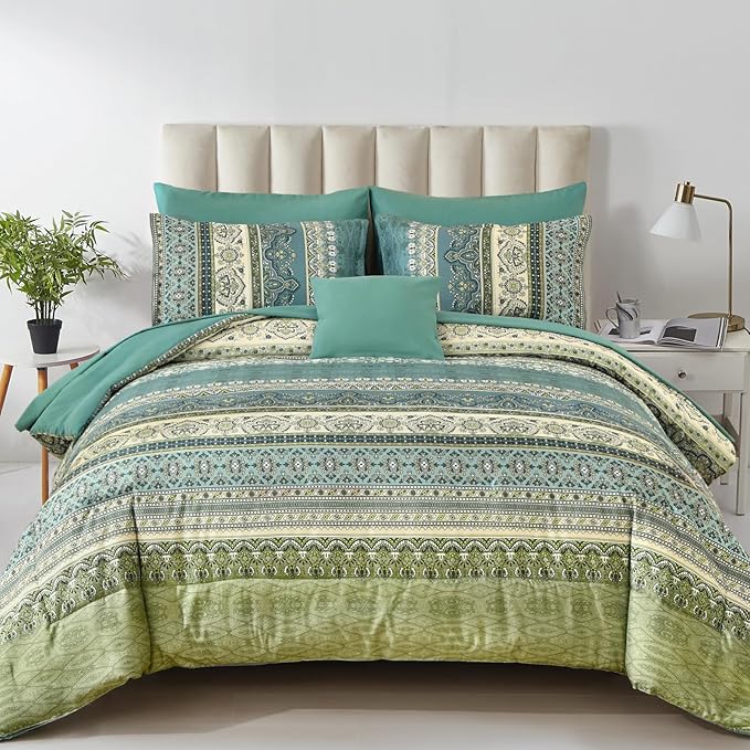 Cottolester Boho King Comforter Set 8 Pieces,Green Bohemian Comforter Paisley Striped Bed in A Bag,Soft Microfiber Bedding Set for All Season