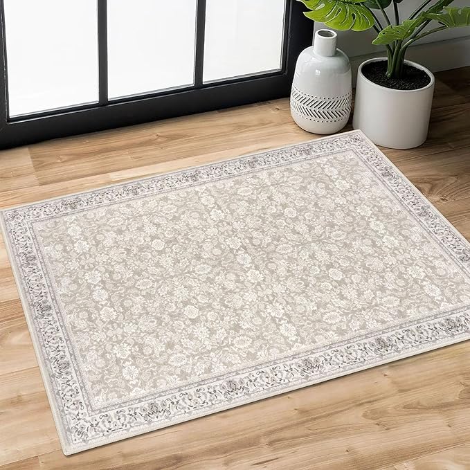 2x3 Washable Rug Soft Area Rug for Entryway, Grey Begie Non-Slip Indoor Door Mat Distressed Floral Low-Pile Kitchen Rugs, Neutral Vintage Carpet for Entrance Kitchen Bedside Farmhouse