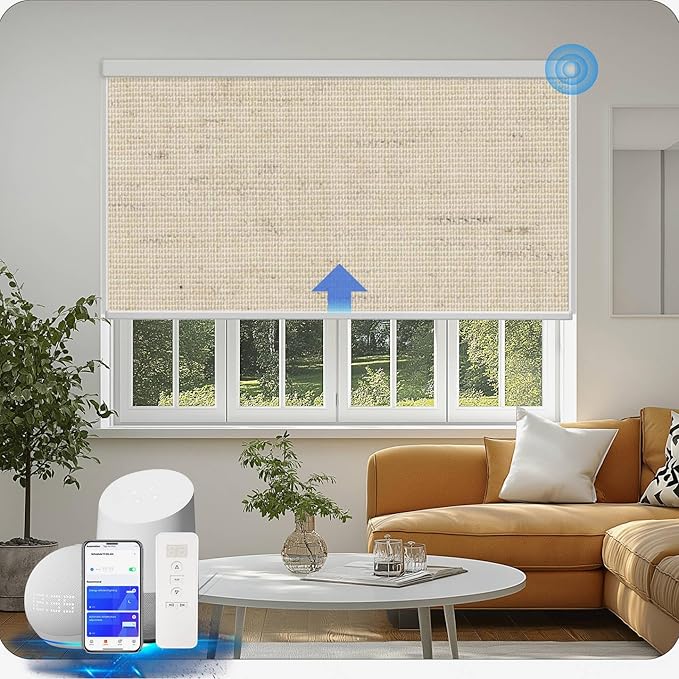Motorized Blinds with Remote Cordless Automatic Motorized Shades Custom Blinds for Windows Smart Curtains Compatible with Alexa Google Home(Blackout Linen Soft Dunes,W29 x H72in)