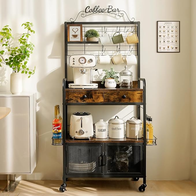 Coffee Bar Cart with Wheels, 5-tier Coffee Bar Table, Kitchen Coffee Bar Cabinet with Storage, Rustic Coffee Bar, Rolling Coffee Cart, Coffee Nook, Corner Coffee Bar Station with Drawer, Bakers Rack