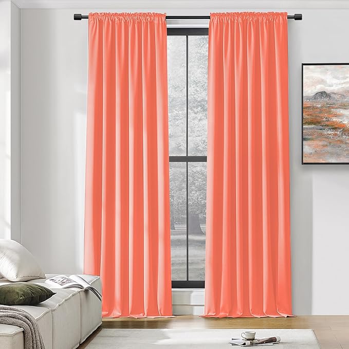 DONREN Room Darkening Rod Pocket Curtain Panels - Thermal Insulated Curtains for Living Room (Coral,52 W x 96 L Inch,2 Panels)