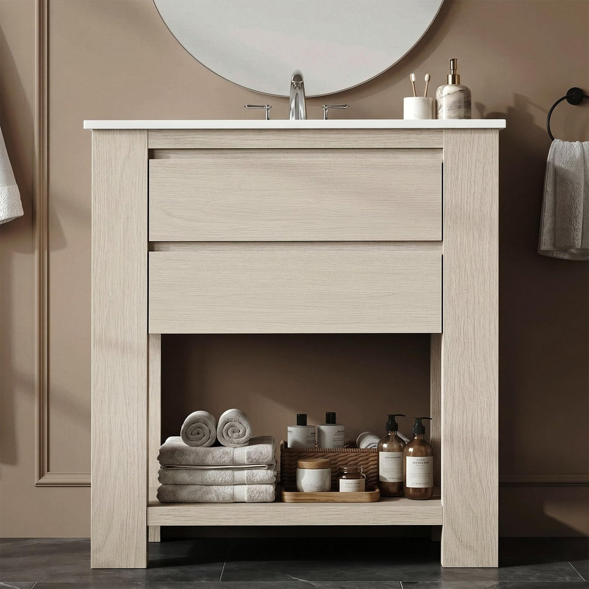 ModernMate 30" Bathroom Vanity with Sink, White Oak Gray Bathroom Cabinet with 2-Drawer, Open Storage Shelf, Wood Vanity with Upgraded SMC Basin Combo, Freestanding Bath Storage Cabinet, Easy Assembly