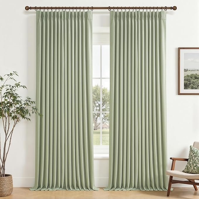Extra Long Pinch Pleated 108 Inch Floor to Ceiling Curtains for Bedroom 2 Panels Set, Memory Trained Blackout Dual Layer Thick Linen Soundproof Rustic Farmhouse Sage Green Windows Curtain 9 FT Length