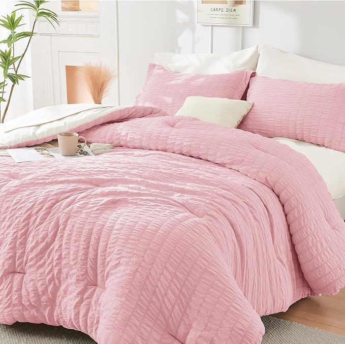 HYMOKEGE Pink/Ivory King Size Comforter Set Seersucker 7 Pieces, All Season Luxury Bed in a Bag for Bedroom, Bedding Set with Comforter, Sheets, Pillowcases & Shams