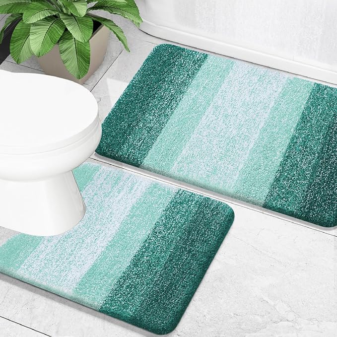 OLANLY Bathroom Rug Set 2 Piece, Soft Absorbent Microfiber Bath Mats and U-Shaped Contour Toilet Rug, Non-Slip, Machine Wash Dry, Plush Shaggy Bath Mats for Bathroom (30"x20"+24"x20", Blackish Green)