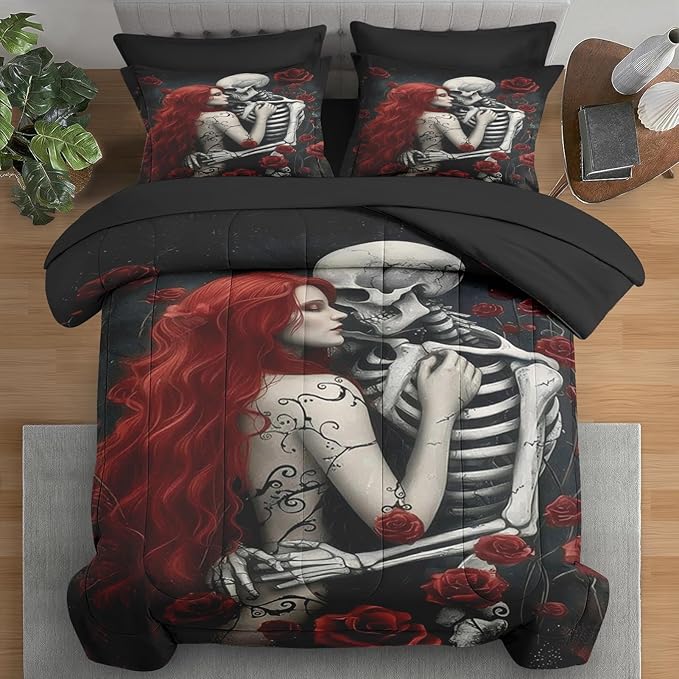Comforter Set King Size, Death Skeleton Black 7 Pcs Bedding for Kids and Adults, Lover Rose Bed Sheet Sets with Fitted Sheet 2 Pillowcases & 2 Shams for Bedroom Bed Decor