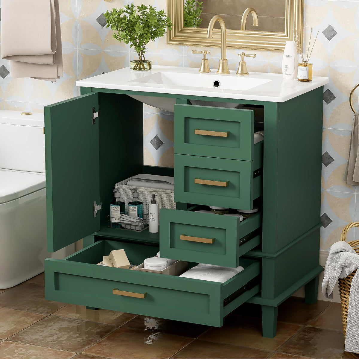 Virubi 30" Bathroom Vanity with Sink Combo Set, Soft Closing Door, Modern Solid Wood and MDF Single Bathroom Cabinet with Storage, 3 Drawers, Freestanding (Green)