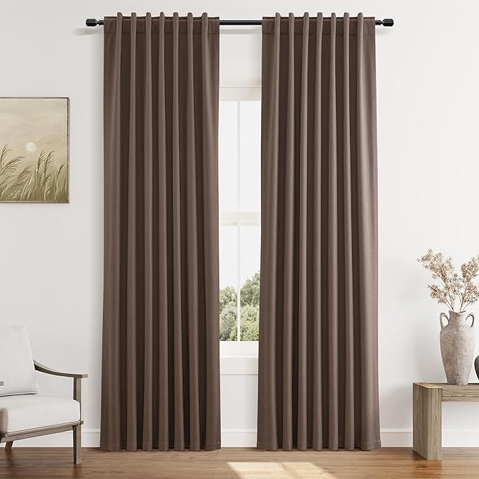 Guken 100% Blackout Curtains 84 Inch Length 2 Panels Set for Living Room Bedroom Back Tab Thermal Insulated Black Out Linen Drapes Room Darkening Mocha Mousse,52x84