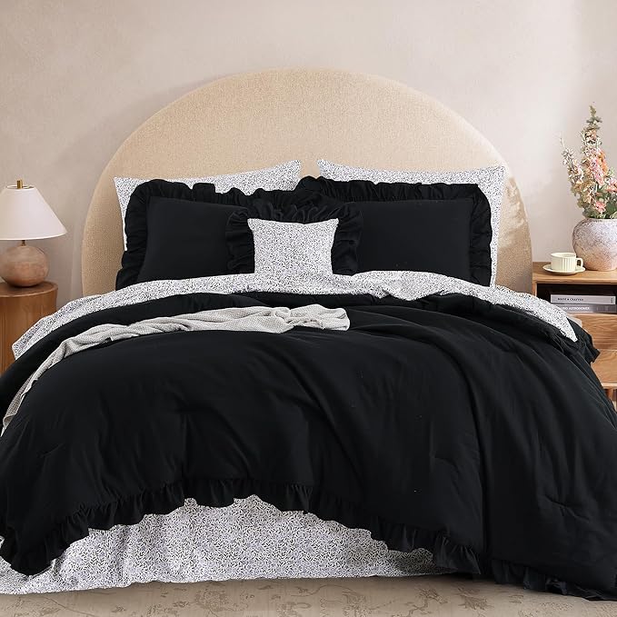 Full Comforter Set - 7 Pieces Ruffle Black Bedding Sets, Shabby Chic Farmhouse Bed in a Bag Full with Ruffle Comforter, Floral Sheets, Pillowcases & Shams