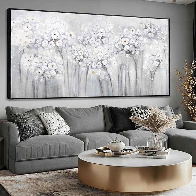 Flower Wood Wall Decor White Wall Art Textured Canvas Painting 32"x70" Decorative Pictures for Bedroom Kitchen Large Artwork
