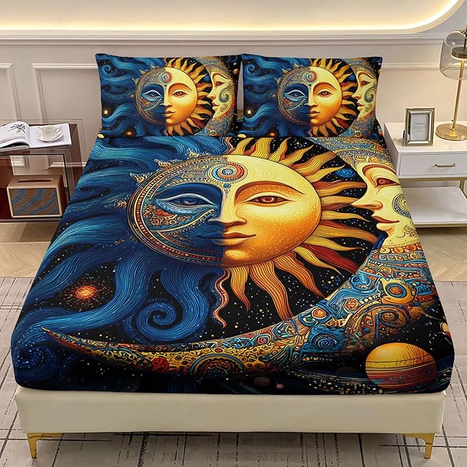AILONEN Boho Sun and Moon Sheet Set,Celestial Galaxy Starry Space Kids Bedding Twin XL Size, All-Season Soft Microfiber Mandala Exotic Black Bed Sheets,3-Piece,1 Fitted Sheet + 1 Pillow Case