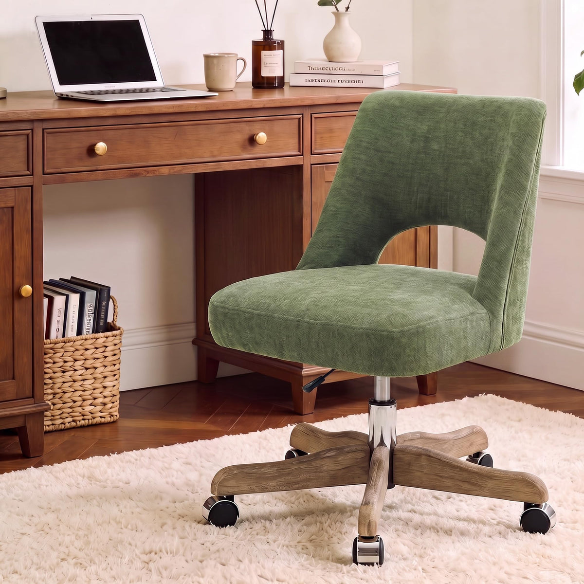 HOCAT Swivel Office Desk Chair, Armless Adjustable Height Fabric Chair with Wheels, Farmhouse Small Mid Back No Arms Rolling Vanity Chair with Wood-Look Base for Home Office and Bedroom,Green