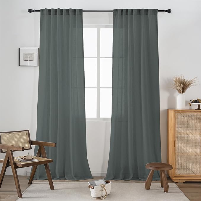 DUALIFE Grey Extra Long Sheer Linen Curtain Panels 108 Inches for Living Room Back Tab Rod Pocket Light Filtering Farmhouse Semi Sheer Linen Curtains for Large Tall Window, Gray 52x108 2 Panels