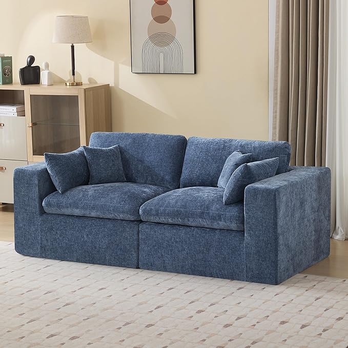 88''Cloud Boneless Sectional Couch, Modular Sectional Sofa Deep Seat, Upholstered Convertible Comfy Loveseat Chenille Memory Foam Sofa Couches for Living Room, Blue