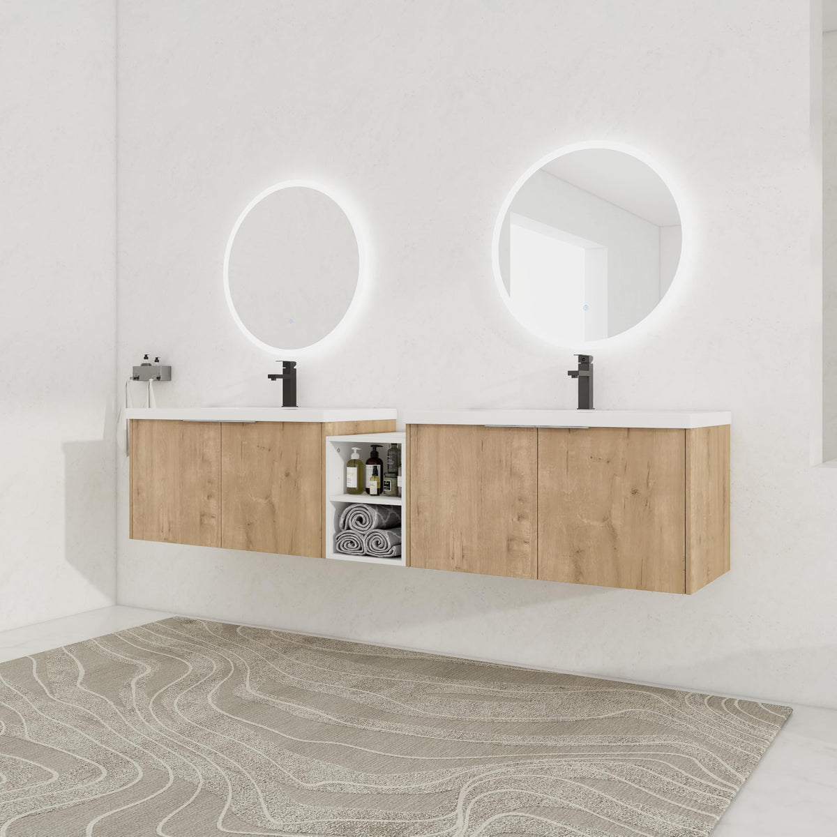 84 Inch Bathroom Vanity with Sink, 84” Floating Vanity, Double Bathroom Vanities with Sinks, White Glossy Resin Sinks, 12" Small Open Shelf, Modern Wall Mounted Cabinet Set with 4 Soft Close Doors