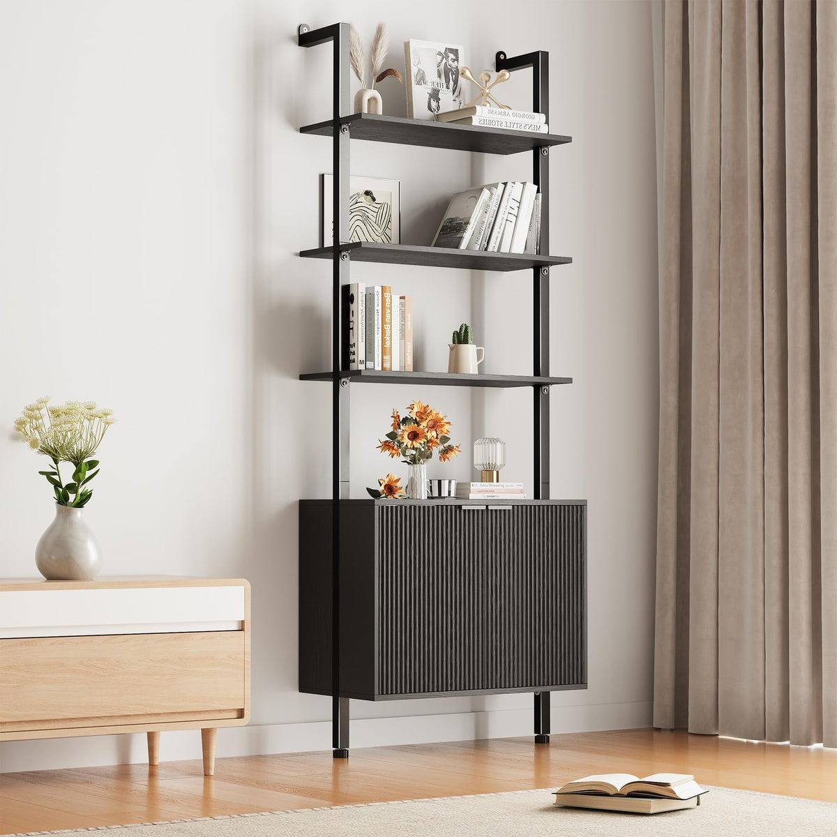 INNOD 74" Tall Bookshelf with Storage Cabinet, Modern Ladder Shelf with Wood and Metal Frame, Wall Mount Bookcase Open Display Shelf Furniture for Living Room, Bedroom, Home Office，Black