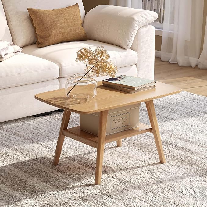 100% Solid Oak Wood Coffee Table for Living Room, Small Table with Shelf Storage, Mid Century Modern Coffee Tables with Rounded Corners for Home (Natural, 31.49" x 19.68" x 17.32")