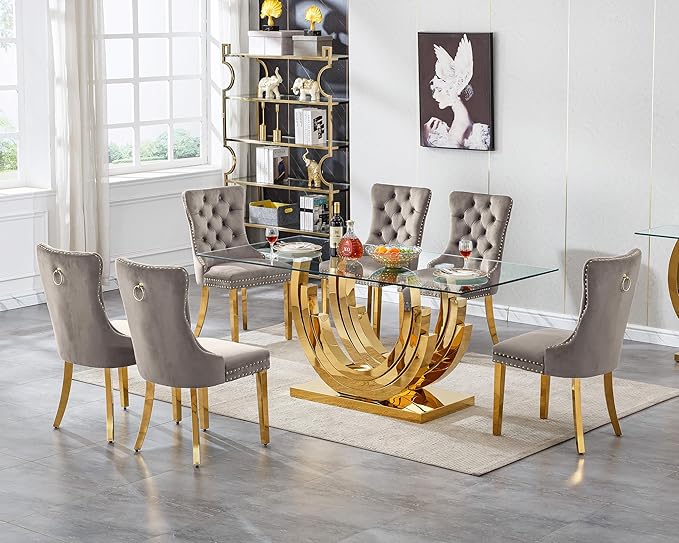 Henf 7-Piece Glass Dining Table Set with 6 Upholstered Dining Chairs, Large Gold Dining Table and Chair Set for 6, Modern Kitchen Table Furniture for Dining Room, Stainless Steel Base and Glass Top
