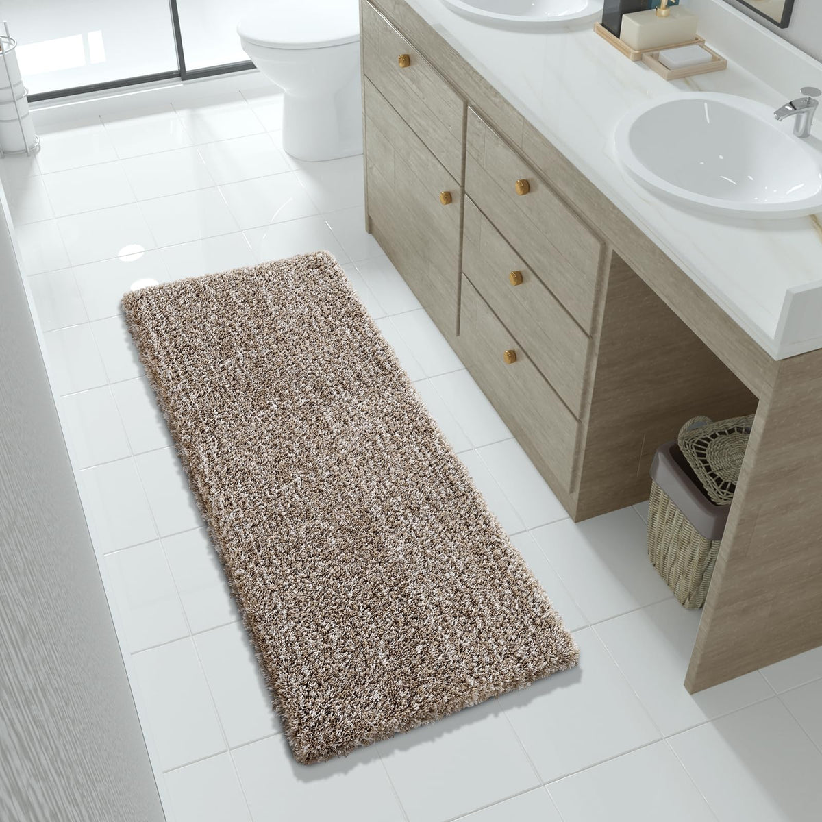 Yimobra Bathroom Runner Rug Non Slip Washable 56x24, Bath Mat, Brown&White
