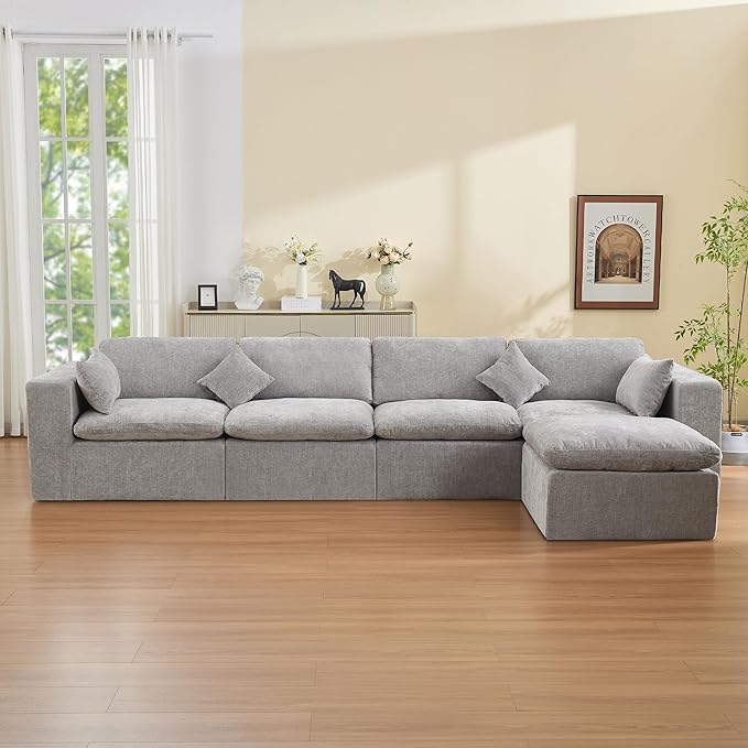 155''Cloud Boneless Sectional Couch, Modular Sectional Sofa Deep Seat with Ottoman, Oversized Upholstered Convertible Comfy 5 Seater Chenille Sofa L Shape Couches for Living Room, Light Grey