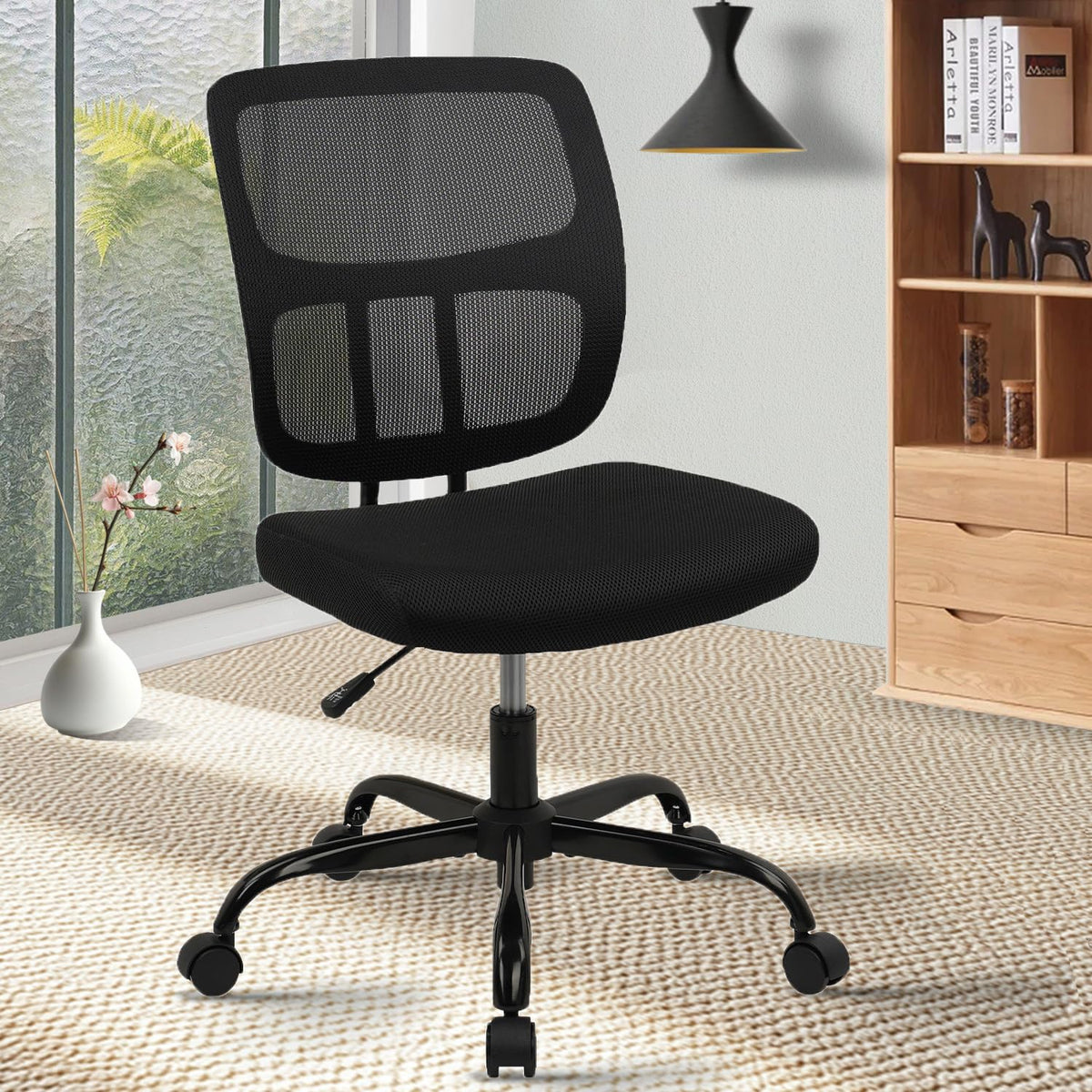 CLATINA Home Office Chair No Arms with Wheels, Adjustable Height Small Desk Chair, Ergonomic Mesh Rolling Work Swivel Chairs, 360 Swivel Computer Chair for Office, Reading Meeting Room 1PK(Black)