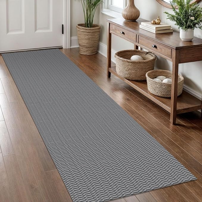 KOZYFLY Washable Runner Rug 2x8 Ft Runners for Hallways Non Slip Kitchen Runner Rugs Braided Cotton Entryway Runner Indoor, Carpet Runners for Hallway Entryway Bedroom, Grey/Charcoal Grey